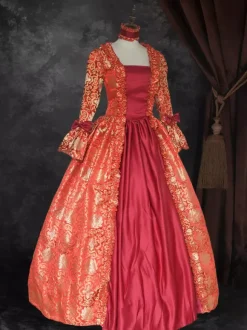 Ture Red Retro Tudor Dress Costumes Lace Up Satin Fabric Floral Print Dress Girl's Gothic Marie Antoinette Costume Set Vintage Clothing Burgundy