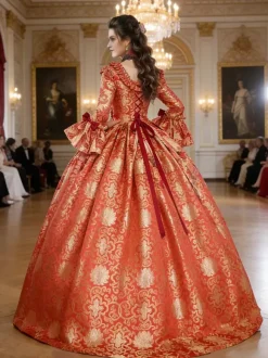 Ture Red Retro Tudor Dress Costumes Lace Up Satin Fabric Floral Print Dress Girl's Gothic Marie Antoinette Costume Set Vintage Clothing Burgundy