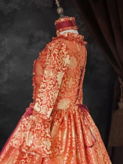Ture Red Retro Tudor Dress Costumes Lace Up Satin Fabric Floral Print Dress Girl's Gothic Marie Antoinette Costume Set Vintage Clothing Burgundy