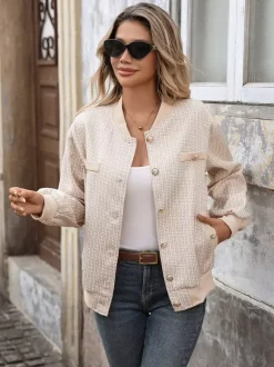 Tweed Bomber Jacket Casual Outwear For Women 2026