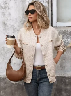 Tweed Bomber Jacket Casual Outwear For Women 2026