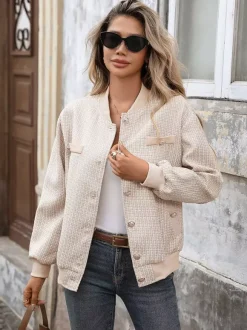 Tweed Bomber Jacket Casual Outwear For Women 2026