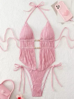 Two Piece Swimsuits For Women Pink Lace Up Summer Sexy Bathing Suits