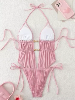 Two Piece Swimsuits For Women Pink Lace Up Summer Sexy Bathing Suits