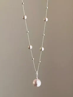 Two Tone Pink White Pearl Station Chain Necklace Thin Silver Chain Drop Pendant Jewelry