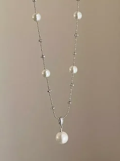Two Tone Pink White Pearl Station Chain Necklace Thin Silver Chain Drop Pendant Jewelry