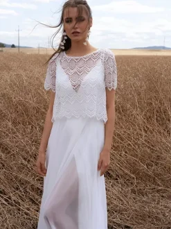 Two-piece Boho Wedding Dress Chiffon LaceFloor-Length Zipper Short Sleeves Illusion Neckline White