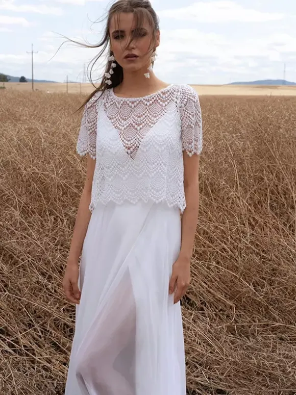 Two-piece Boho Wedding Dress Chiffon LaceFloor-Length Zipper Short Sleeves Illusion Neckline White