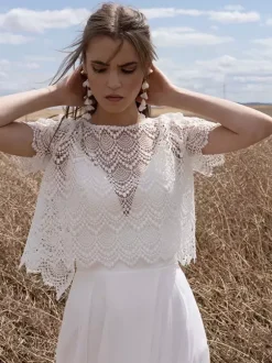Two-piece Boho Wedding Dress Chiffon LaceFloor-Length Zipper Short Sleeves Illusion Neckline White