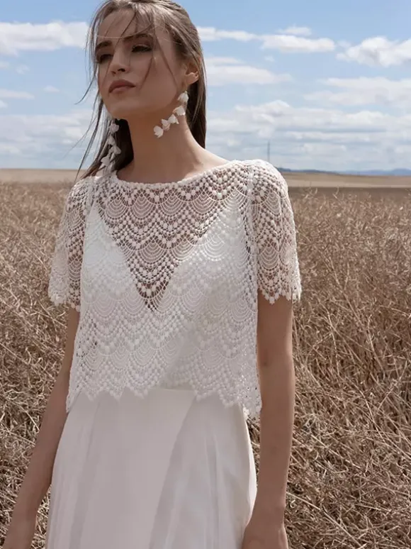 Two-piece Boho Wedding Dress Chiffon LaceFloor-Length Zipper Short Sleeves Illusion Neckline White
