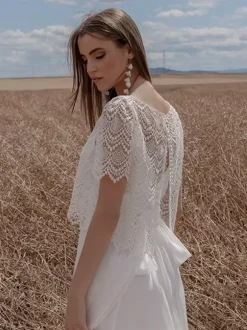 Two-piece Boho Wedding Dress Chiffon LaceFloor-Length Zipper Short Sleeves Illusion Neckline White