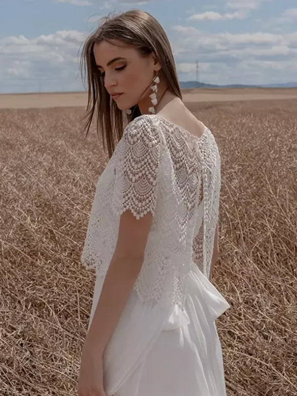 Two-piece Boho Wedding Dress Chiffon LaceFloor-Length Zipper Short Sleeves Illusion Neckline White