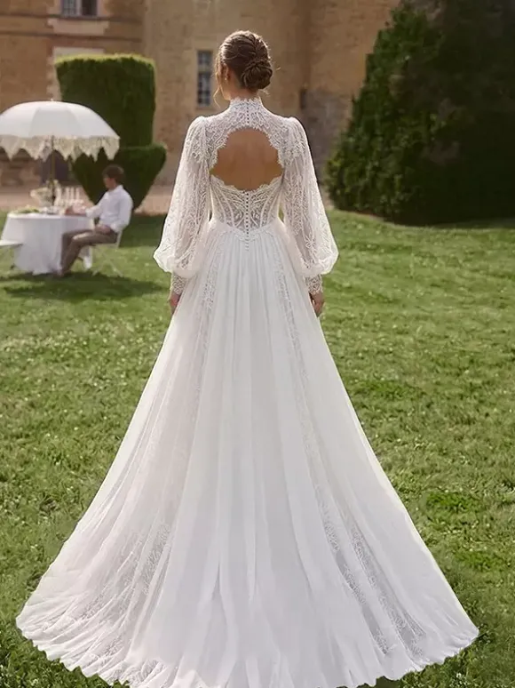 Two-piece Boho Wedding Dress Lace Designed Neckline A-Line With Train Wedding Dress Functional Buttons Long Sleeves Long