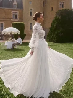 Two-piece Boho Wedding Dress Lace Designed Neckline A-Line With Train Wedding Dress Functional Buttons Long Sleeves Long