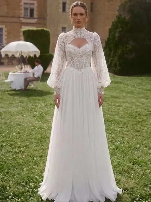 Two-piece Boho Wedding Dress Lace Designed Neckline A-Line With Train Wedding Dress Functional Buttons Long Sleeves Long