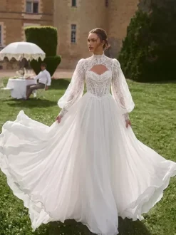 Two-piece Boho Wedding Dress Lace Designed Neckline A-Line With Train Wedding Dress Functional Buttons Long Sleeves Long