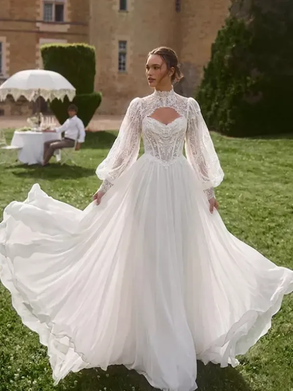 Two-piece Boho Wedding Dress Lace Designed Neckline A-Line With Train Wedding Dress Functional Buttons Long Sleeves Long