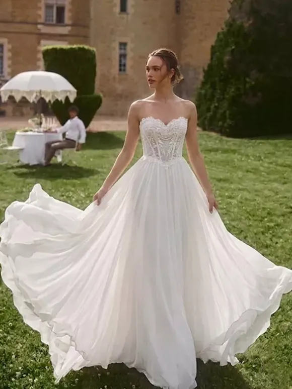 Two-piece Boho Wedding Dress Lace Designed Neckline A-Line With Train Wedding Dress Functional Buttons Long Sleeves Long