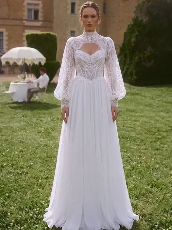 Two-piece Boho Wedding Dress Lace Designed Neckline A-Line With Train Wedding Dress Functional Buttons Long Sleeves Long