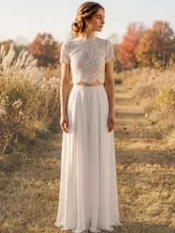 Two-piece Bridal Pantsuit Chiffon lace Jewel Neck Two-piece Floor-Length Zipper Short Sleeves Floor Length