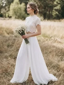 Two-piece Bridal Pantsuit Chiffon lace Jewel Neck Two-piece Floor-Length Zipper Short Sleeves Floor Length