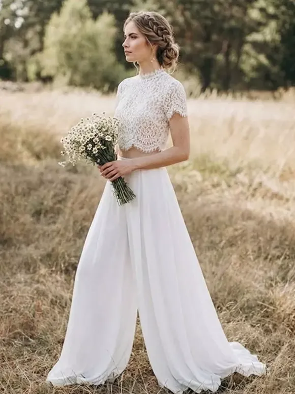 Two-piece Bridal Pantsuit Chiffon lace Jewel Neck Two-piece Floor-Length Zipper Short Sleeves Floor Length