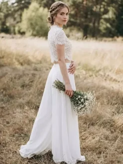 Two-piece Bridal Pantsuit Chiffon lace Jewel Neck Two-piece Floor-Length Zipper Short Sleeves Floor Length