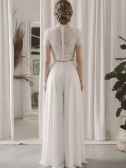 Two-piece Bridal Pantsuit Chiffon lace Jewel Neck Two-piece Floor-Length Zipper Short Sleeves Floor Length