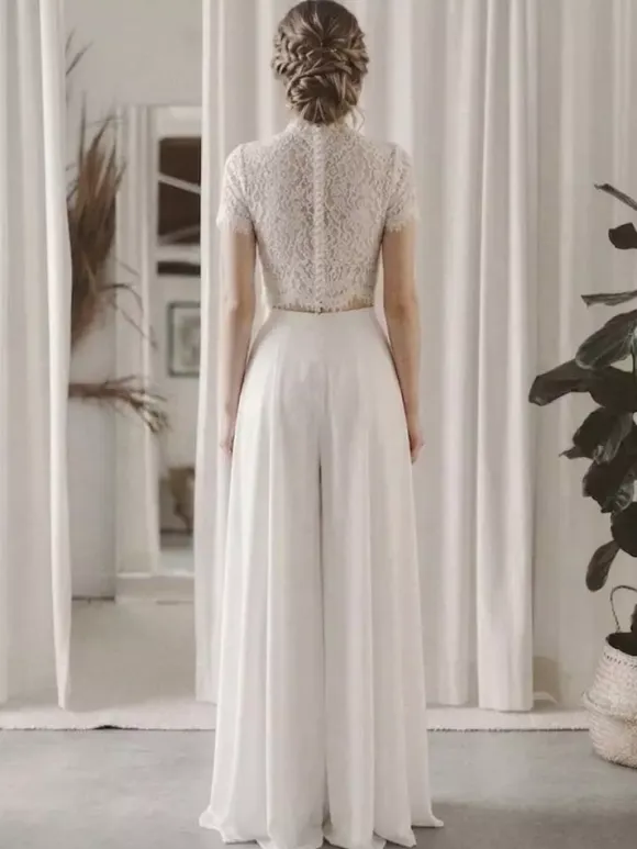 Two-piece Bridal Pantsuit Chiffon lace Jewel Neck Two-piece Floor-Length Zipper Short Sleeves Floor Length