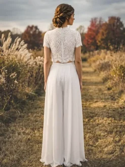 Two-piece Bridal Pantsuit Chiffon lace Jewel Neck Two-piece Floor-Length Zipper Short Sleeves Floor Length