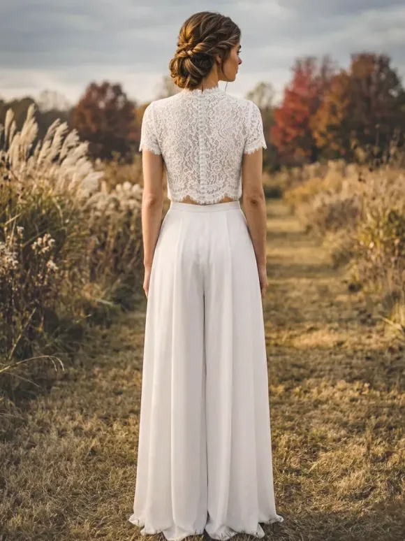 Two-piece Bridal Pantsuit Chiffon lace Jewel Neck Two-piece Floor-Length Zipper Short Sleeves Floor Length