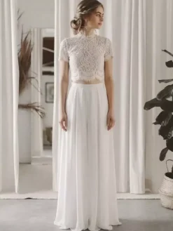 Two-piece Bridal Pantsuit Chiffon lace Jewel Neck Two-piece Floor-Length Zipper Short Sleeves Floor Length