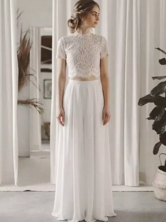 Two-piece Bridal Pantsuit Chiffon lace Jewel Neck Two-piece Floor-Length Zipper Short Sleeves Floor Length