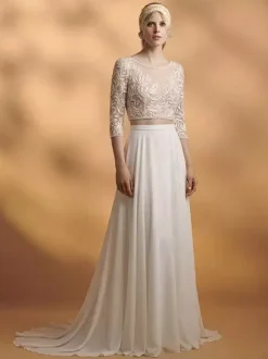 Two-piece Wedding Dress Boho Wedding Dress Lace Jewel Neck A-Line With Train Zipper 3/4 Length Sleeves Long