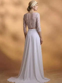 Two-piece Wedding Dress Boho Wedding Dress Lace Jewel Neck A-Line With Train Zipper 3/4 Length Sleeves Long