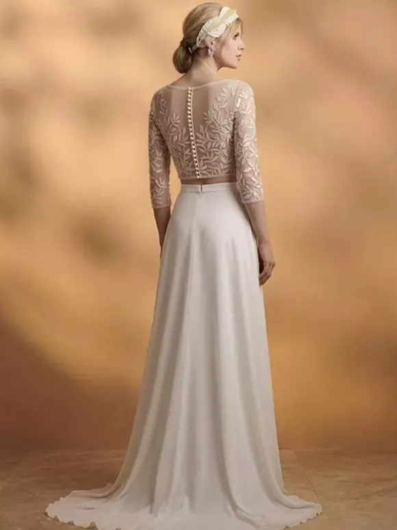 Two-piece Wedding Dress Boho Wedding Dress Lace Jewel Neck A-Line With Train Zipper 3/4 Length Sleeves Long