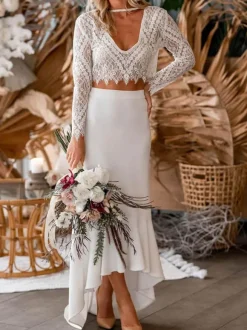 Two-piece wedding dress Boho wedding dress Stretch Crepe V-Neck Mermaid Tea-Length Long Sleeves
