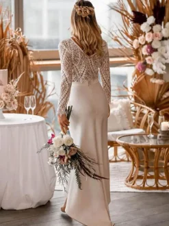 Two-piece wedding dress Boho wedding dress Stretch Crepe V-Neck Mermaid Tea-Length Long Sleeves