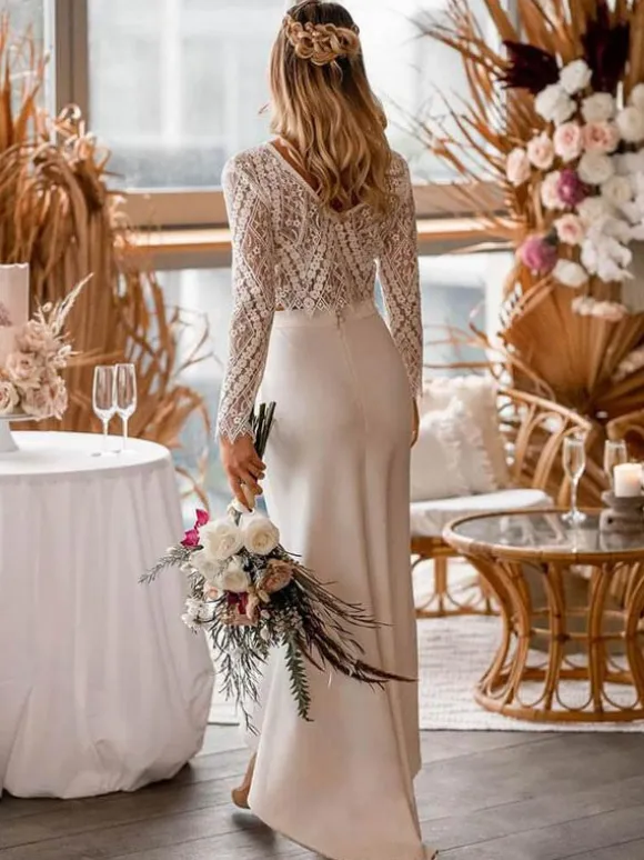 Two-piece wedding dress Boho wedding dress Stretch Crepe V-Neck Mermaid Tea-Length Long Sleeves