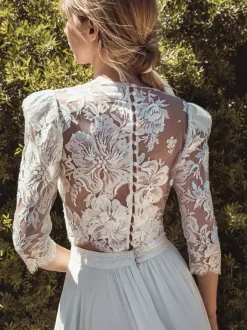 Two-piece wedding dress Boho wedding dress Chiffon Jewel Neck Two-piece With Train Wedding Dress Functional Buttons 3/4 Length Sleeves