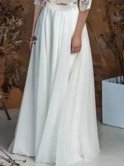 Two-piece wedding dress Boho wedding dress Chiffon Jewel Neck Two-piece With Train Wedding Dress Functional Buttons 3/4 Length Sleeves