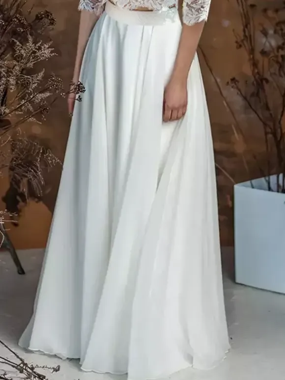 Two-piece wedding dress Boho wedding dress Chiffon Jewel Neck Two-piece With Train Wedding Dress Functional Buttons 3/4 Length Sleeves
