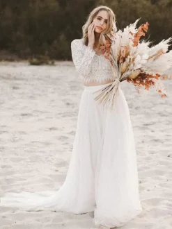 Two-piece wedding dress Boho wedding dress Chiffon V-Neck A-Line With Train Wedding Dress Functional Buttons Long Sleeves