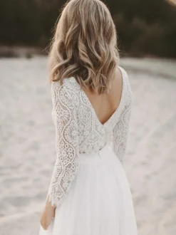 Two-piece wedding dress Boho wedding dress Chiffon V-Neck A-Line With Train Wedding Dress Functional Buttons Long Sleeves