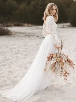 Two-piece wedding dress Boho wedding dress Chiffon V-Neck A-Line With Train Wedding Dress Functional Buttons Long Sleeves
