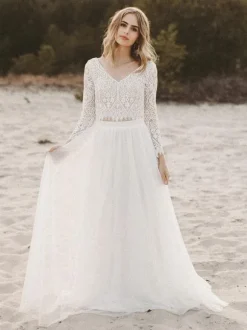 Two-piece wedding dress Boho wedding dress Chiffon V-Neck A-Line With Train Wedding Dress Functional Buttons Long Sleeves