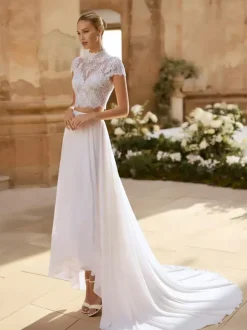 Two-piece Wedding Dress Chiffon Jewel Neck Two-piece Tea-Length Wedding Dress Functional Buttons Short Sleeves Medium