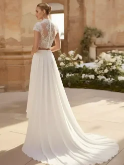 Two-piece Wedding Dress Chiffon Jewel Neck Two-piece Tea-Length Wedding Dress Functional Buttons Short Sleeves Medium