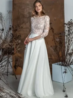 Two-piece wedding dress Chiffon Jewel Neck Two-piece Floor-Length Wedding Dress Functional Buttons Long Sleeves Floor Length