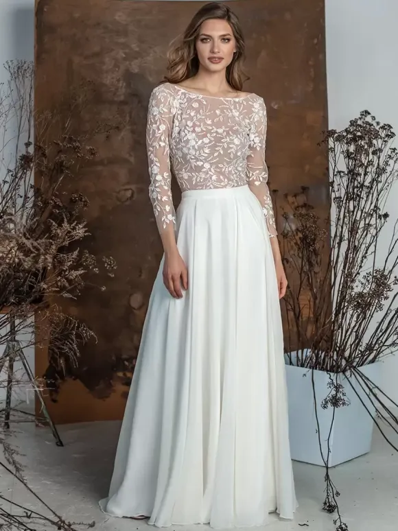 Two-piece wedding dress Chiffon Jewel Neck Two-piece Floor-Length Wedding Dress Functional Buttons Long Sleeves Floor Length